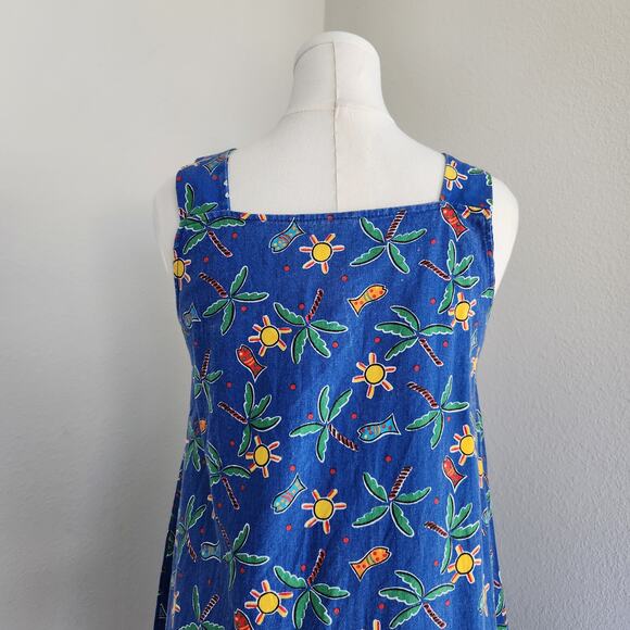 Vintage 80s/90s Blue Sundress Palm Tree Sun Fish Tropical Pattern Ring Straps M - Picture 9 of 10